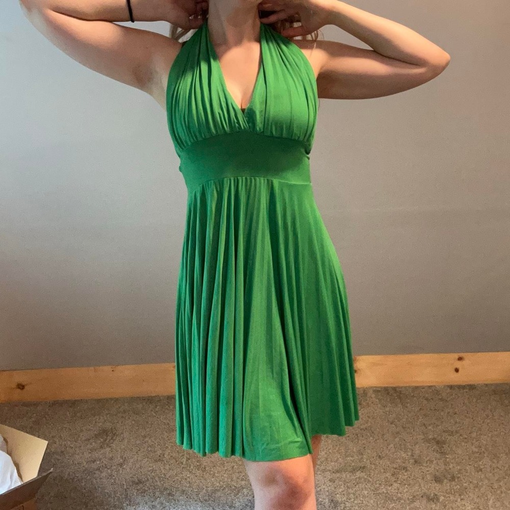 VTG Y2K Carolina USA Emerald Green Halter Deep V Midi Dress